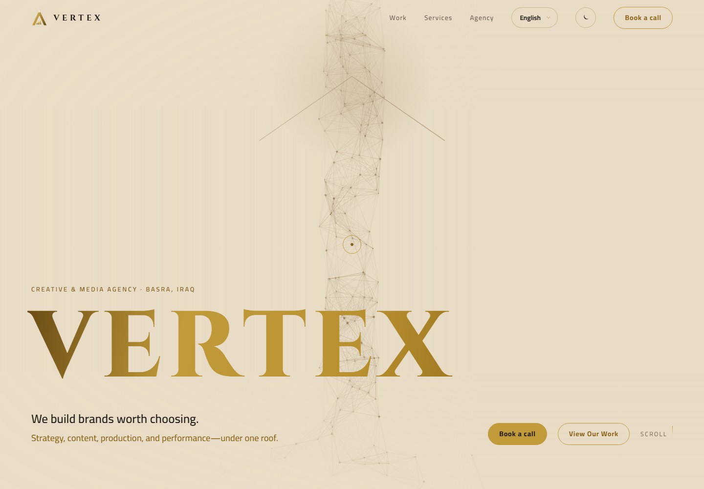 Vertex creative and media agency homepage with its gold wordmark on a cream background